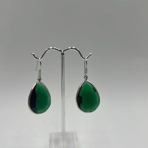Emerald green faux stone drop earring in a silver colored metal